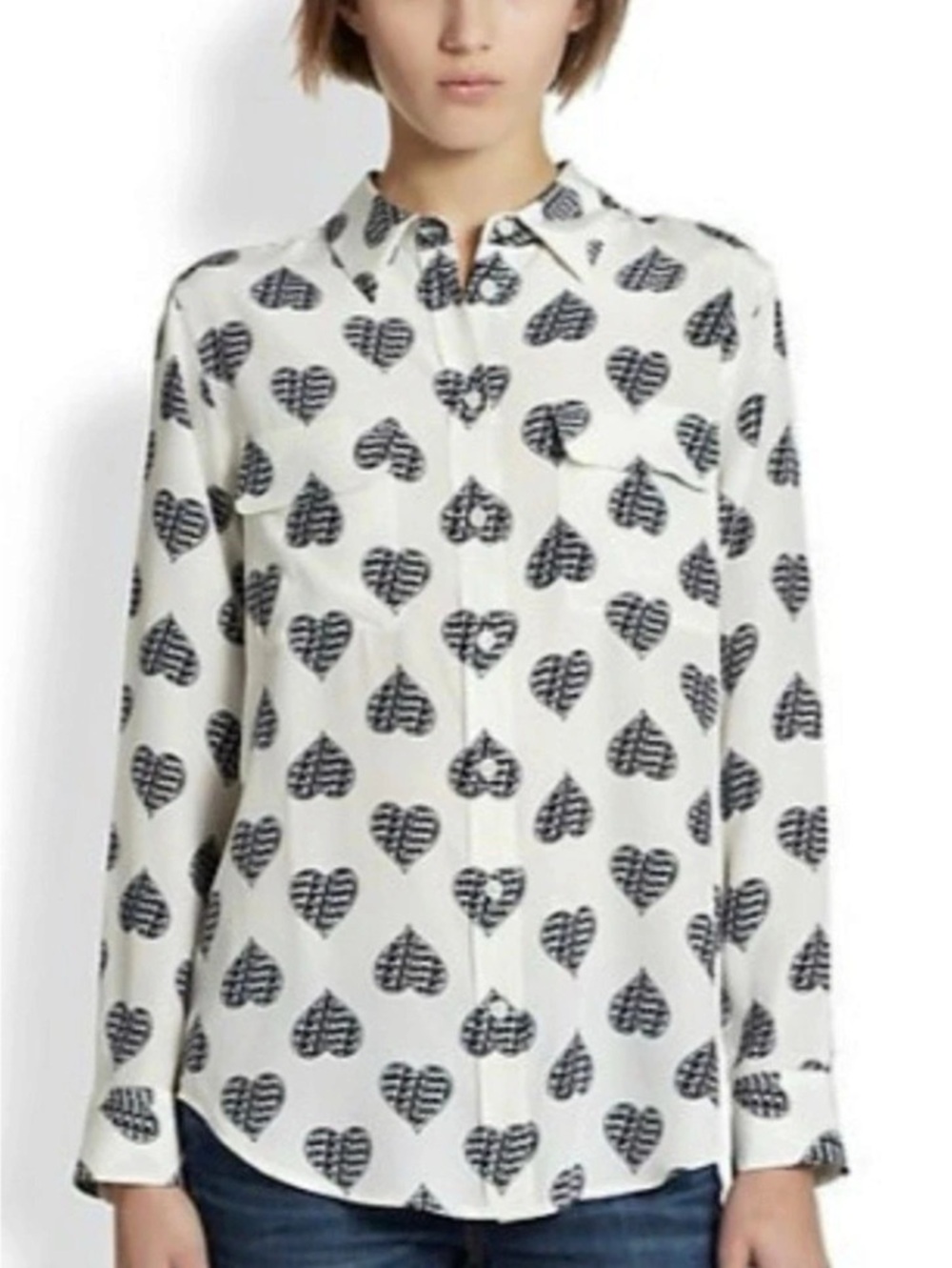 Equipment Essential Heart Print Silk Button Down Shirt “Je T’aime” French words